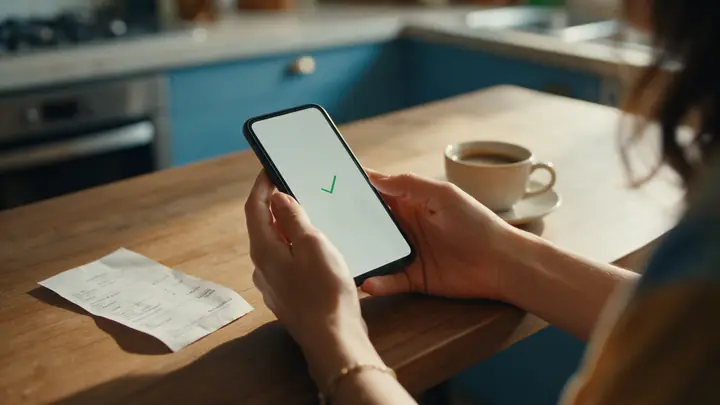 Mãos segurando o celular com um sinal de confirmação na tela, ao lado de um comprovante pago e de um café