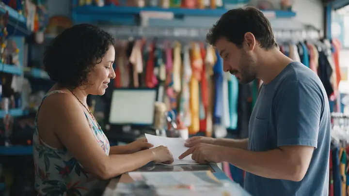 Dona de loja de roupas e cliente conversando sobre uma proposta de pagamento no balcão