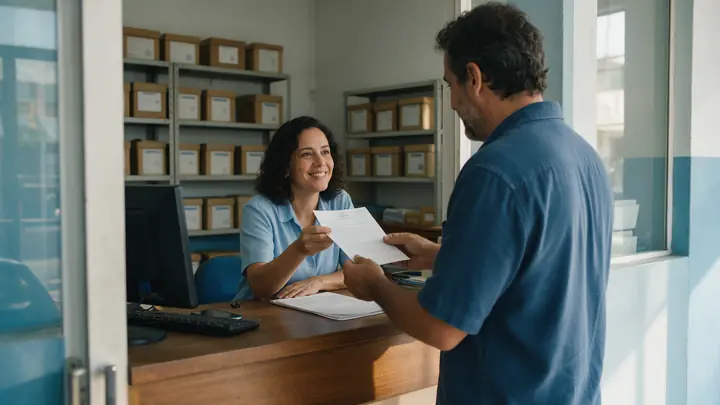 Homem entregando um documento à atendente no balcão de madeira de um cartório simples