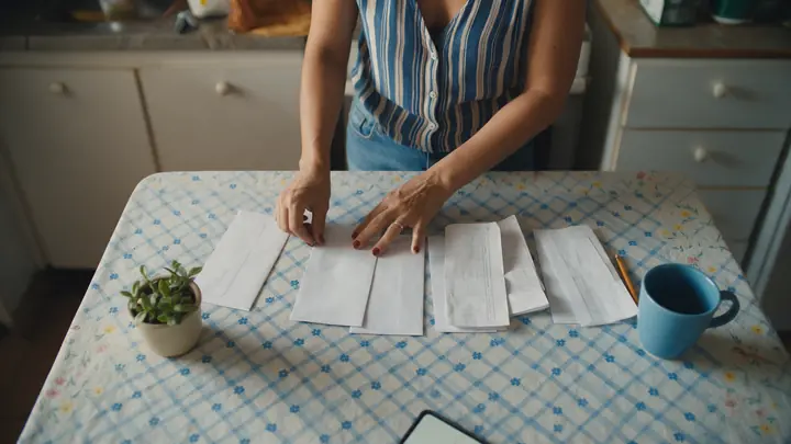 Mãos de mulher organizando contas e envelopes em fila sobre a mesa da cozinha, por ordem de prioridade