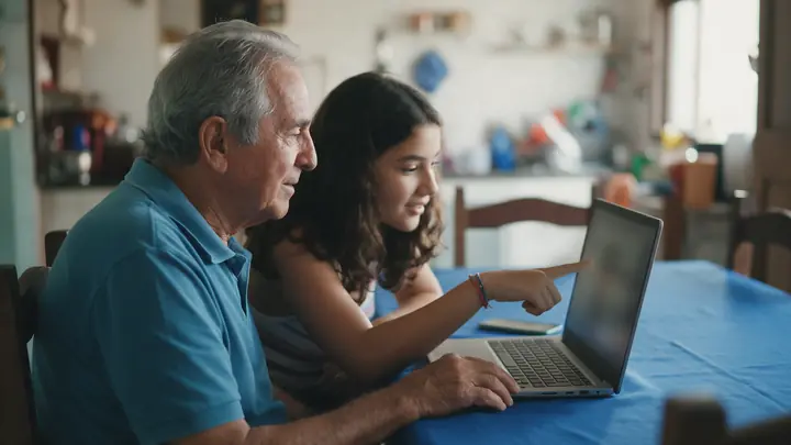 Neta ajudando o avô a consultar informações no notebook, os dois sentados à mesa de jantar