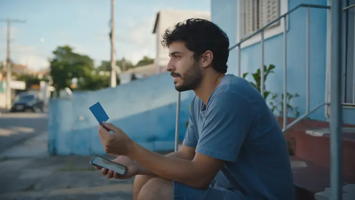 Rapaz sentado na escada de casa segurando um cartão azul e o celular, pensando com calma