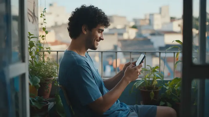 Rapaz sentado na varanda entre plantas olhando o celular com um sorriso tranquilo no fim da tarde