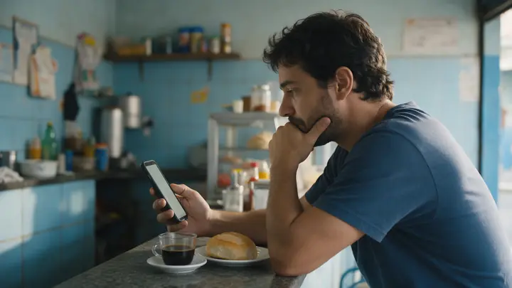Homem no balcão de uma lanchonete olhando o celular pensativo, com café e pão na frente