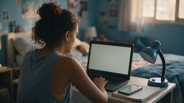 Jovem na escrivaninha do quarto conferindo com atenção um site no notebook, com o celular e um bloco de notas