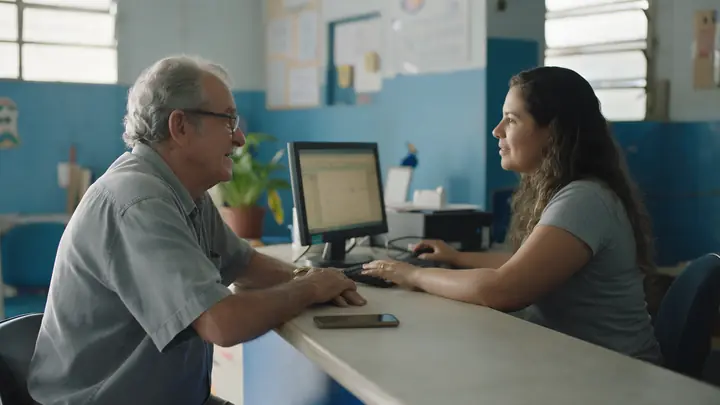 Senhor sendo atendido no balcão de uma associação comercial da cidade por uma atendente ao computador