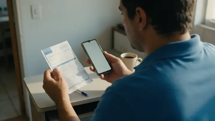 Homem de camisa polo azul conferindo um boleto pago e o celular na mesa de casa