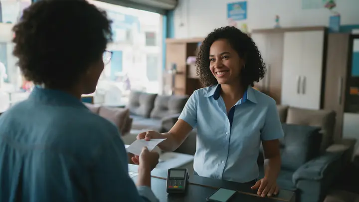 Vendedora sorridente entrega um recibo a um cliente no balcão de uma loja de móveis, com a maquininha de cartão ao lado
