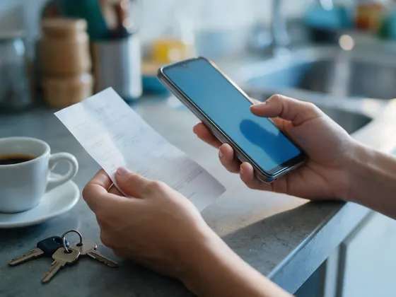 Mãos segurando o celular e um boleto impresso sobre o balcão da cozinha, ao lado de um café e de um molho de chaves