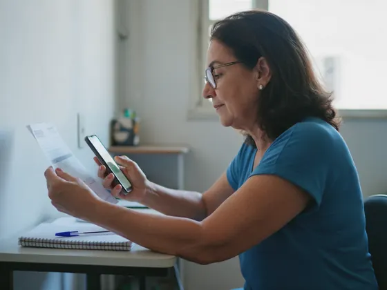 Mulher de óculos conferindo um boleto impresso e o celular sentada à mesa de casa