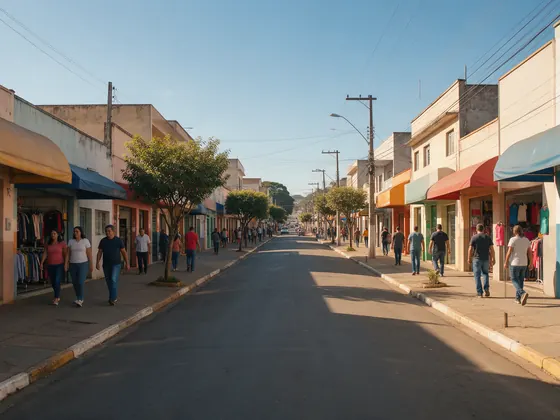 Rua comercial de cidade do interior numa manhã de sol, com lojas de toldos coloridos e pessoas na calçada