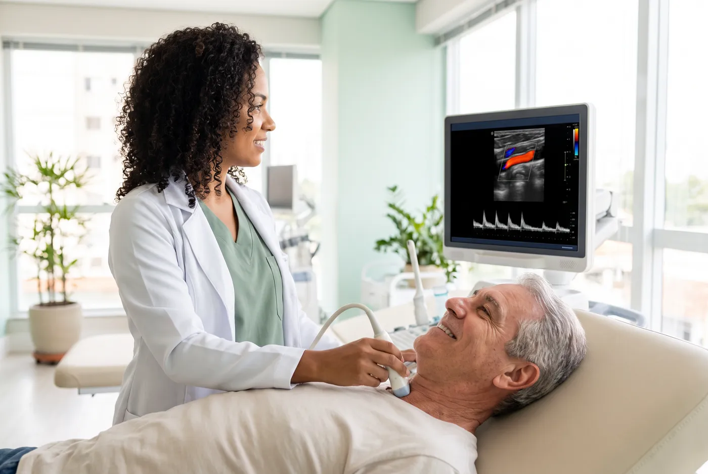 Médica faz Doppler das carótidas no pescoço de um paciente, com o fluxo colorido no monitor