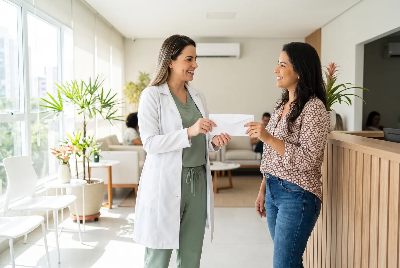 Médica entrega o envelope com o resultado do exame para a paciente logo após o atendimento