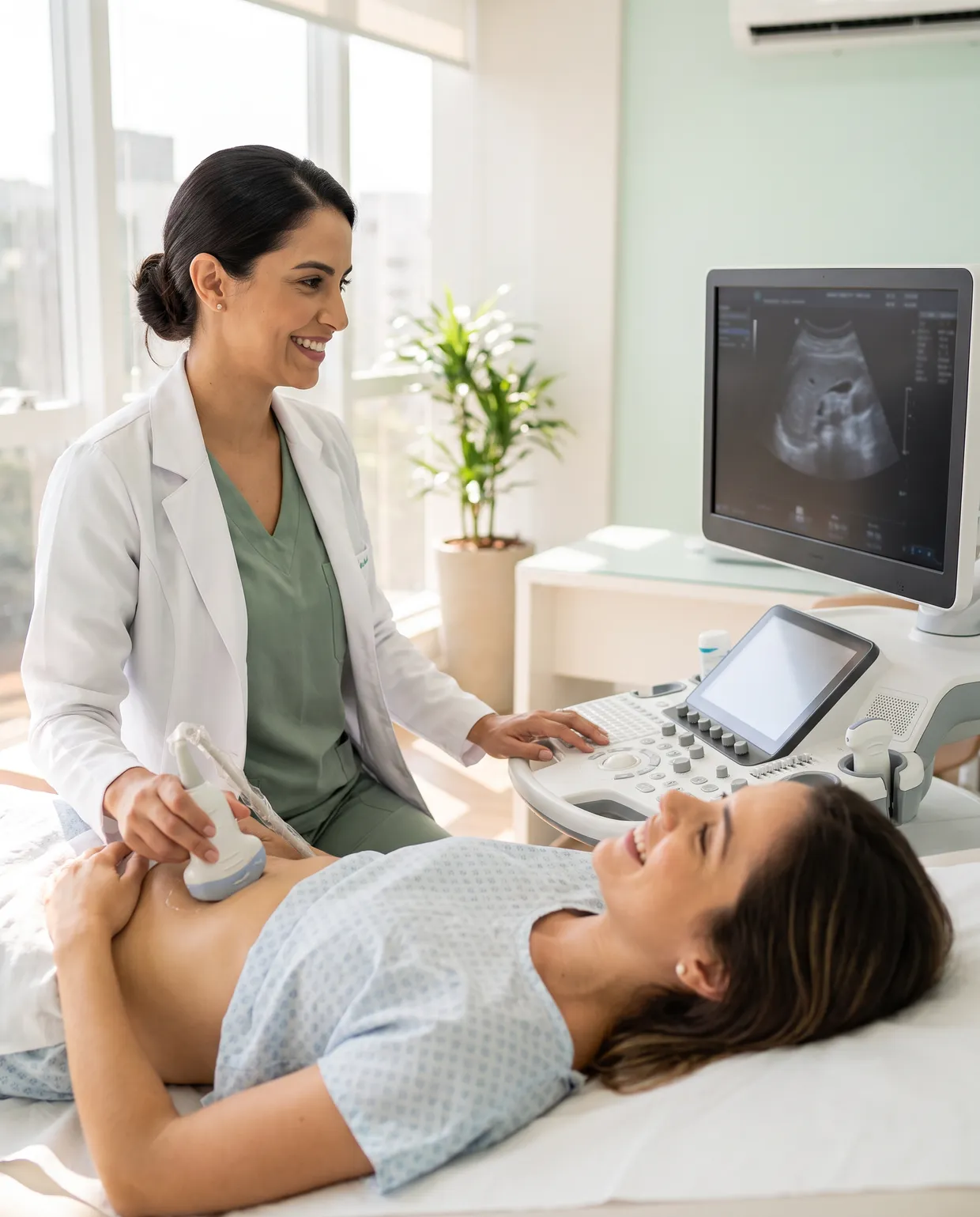 Médica realiza ultrassom de abdômen em paciente sorridente deitada na maca