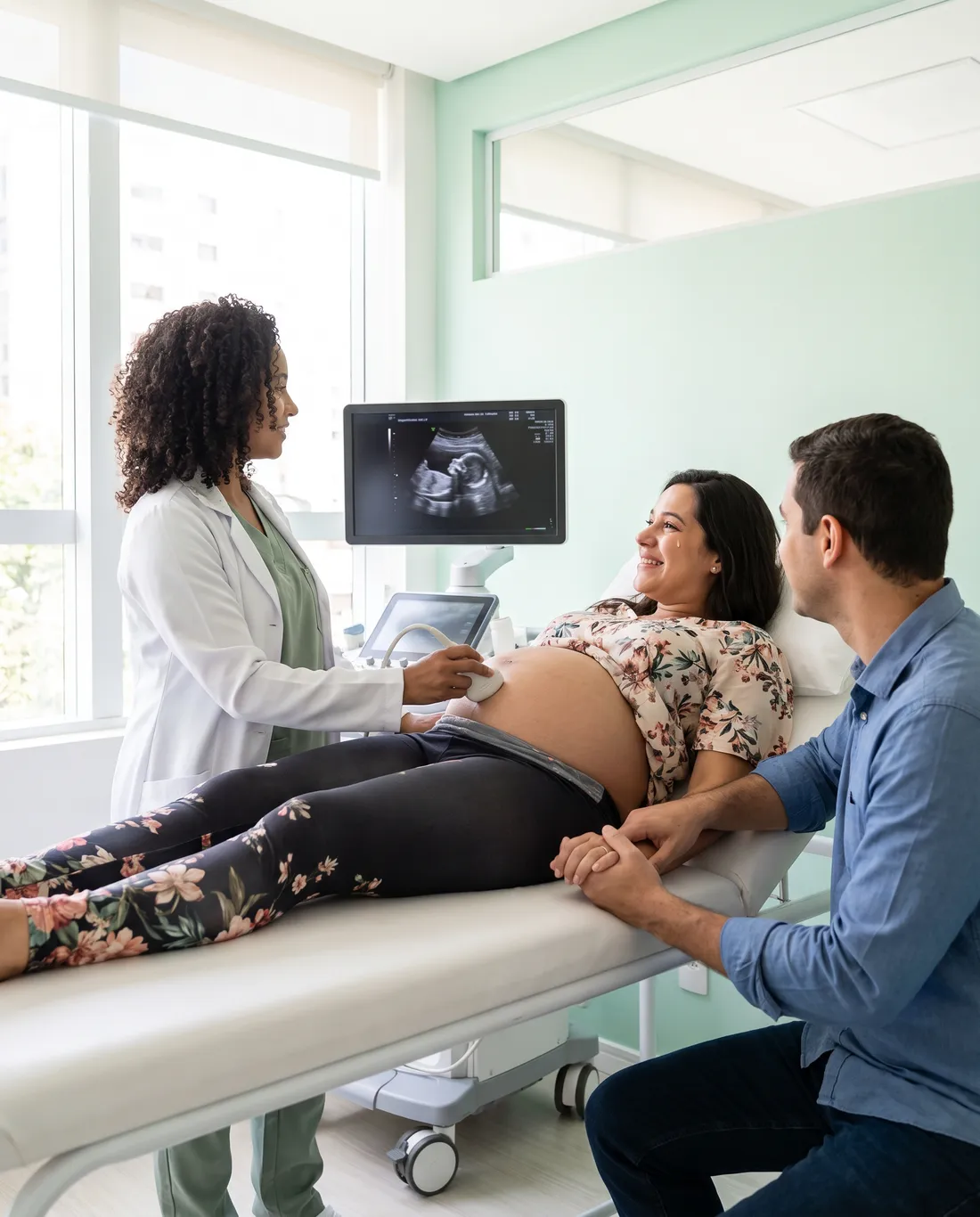 Gestante acompanhada do parceiro sorri ao ver o bebê no monitor do ultrassom
