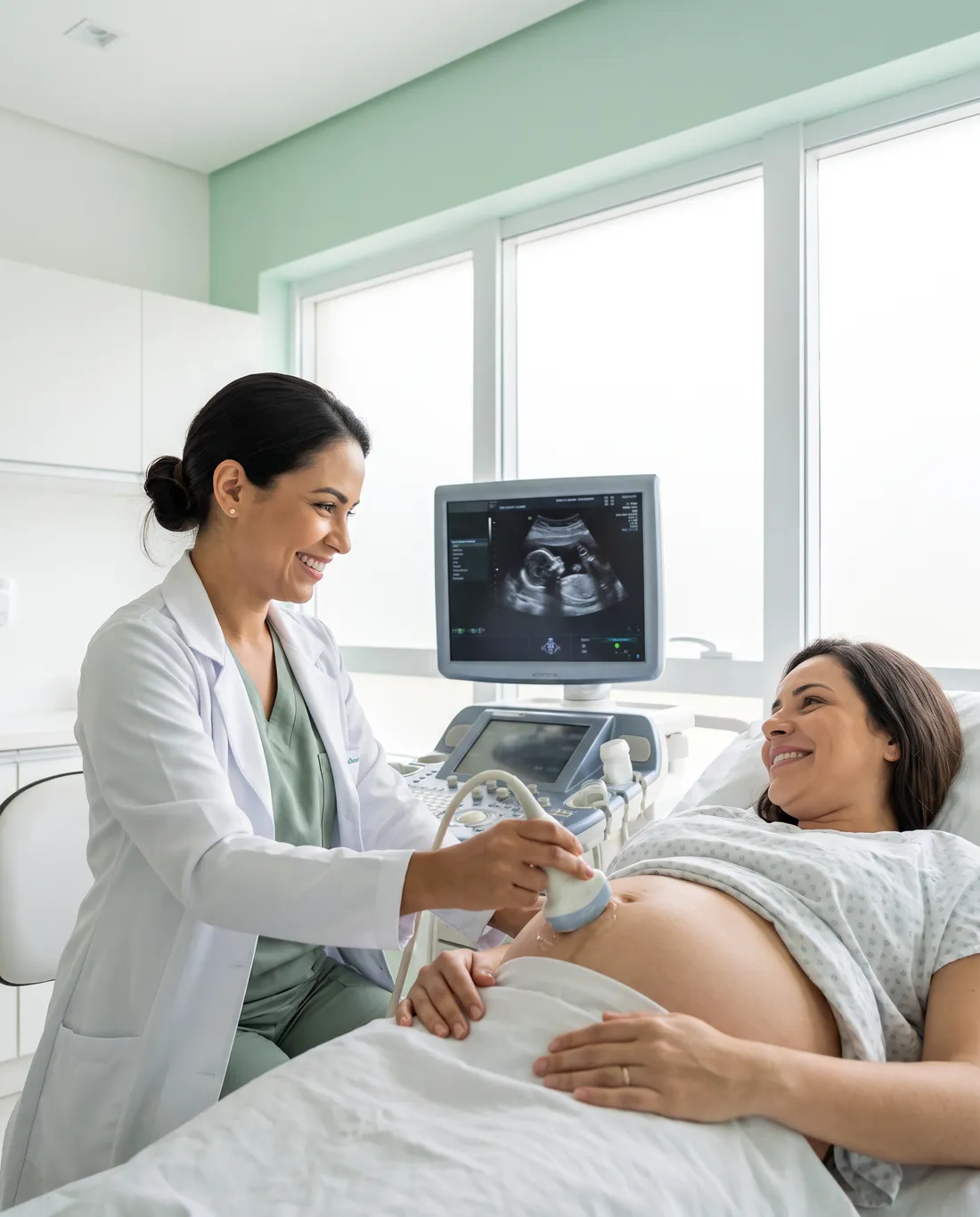 Médica faz ultrassom obstétrico em gestante que sorri durante o exame
