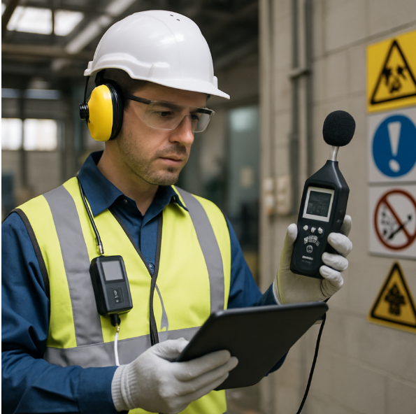 Profissional realizando medição ocupacional em ambiente de trabalho