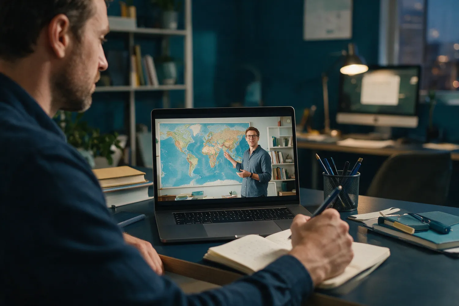 Oficial acompanhando aula ao vivo no notebook e fazendo anotações