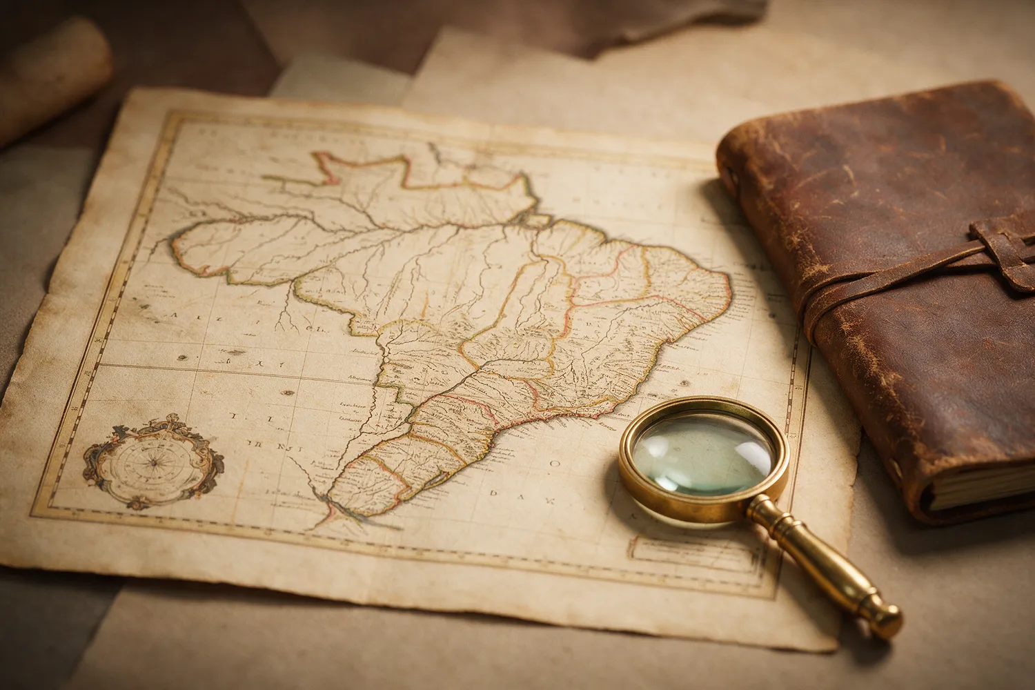 Mapa antigo do Brasil com lupa e caderno de anotações