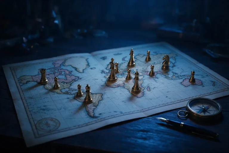 Mapa-múndi antigo com peças de xadrez, conceito de estratégia e geopolítica