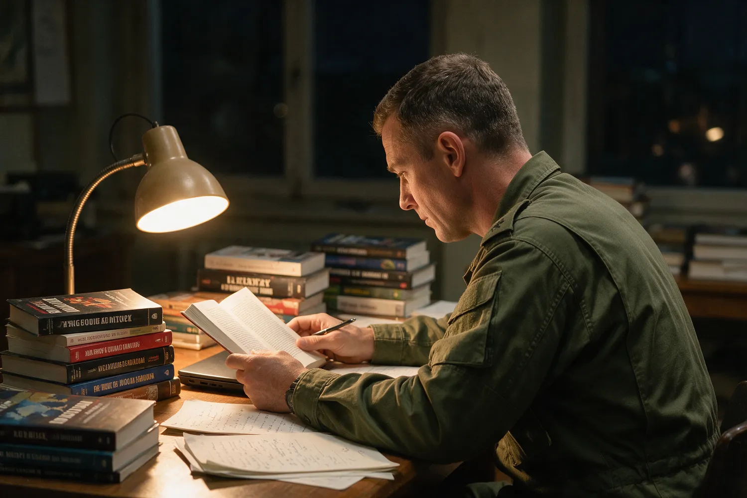 Oficial estudando à noite com livros de história e geopolítica