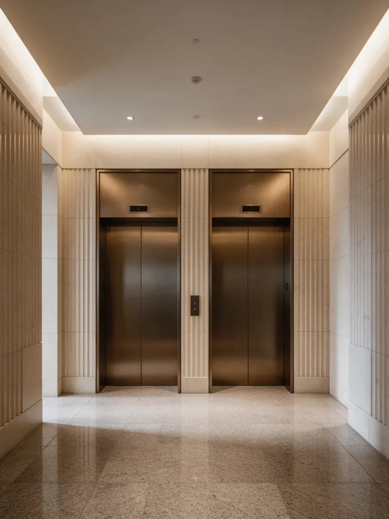 Hall de elevadores com portas em bronze e paredes em pedra clara