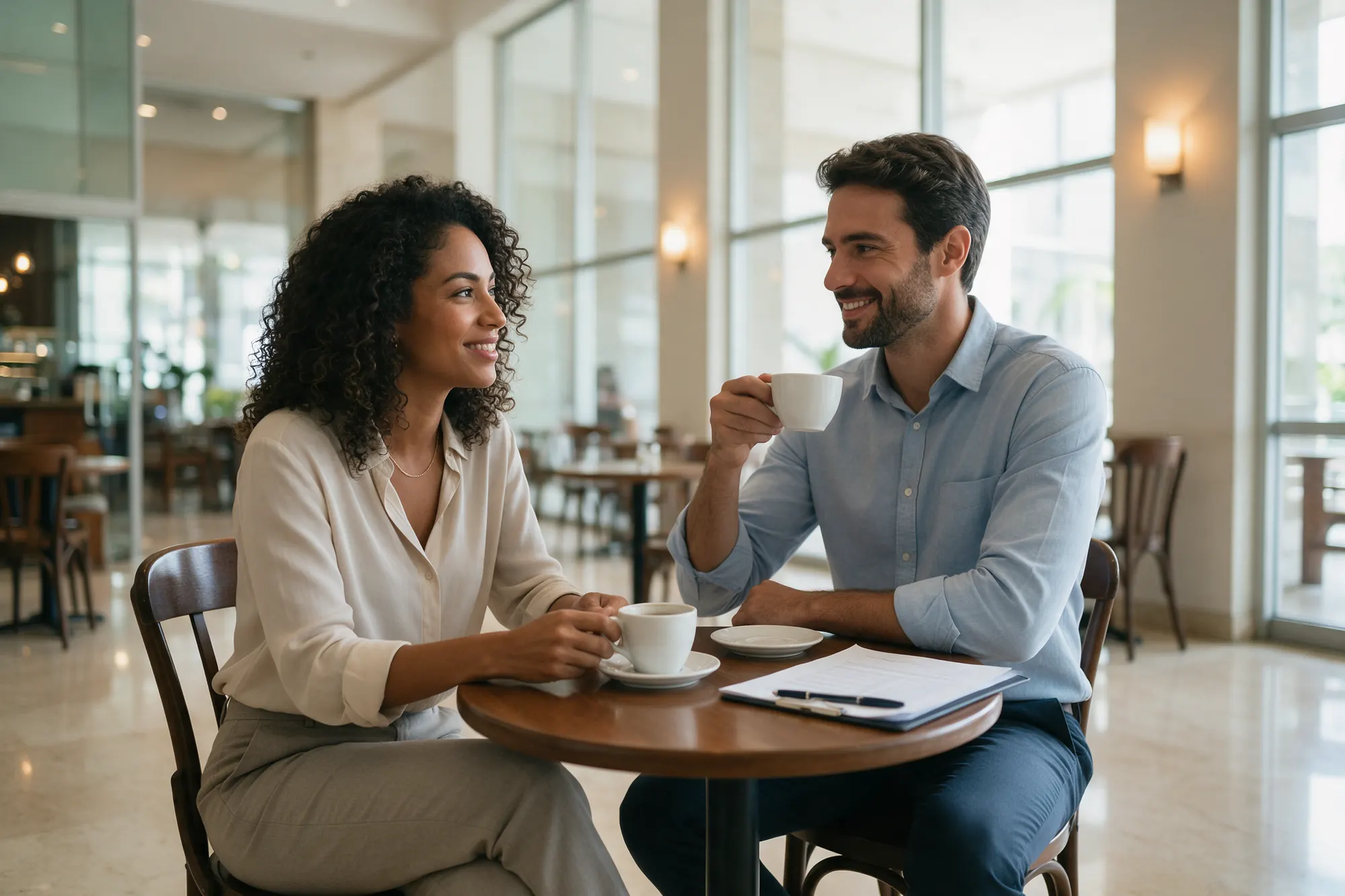 Duas pessoas em reunião tomando café no hall de um centro empresarial