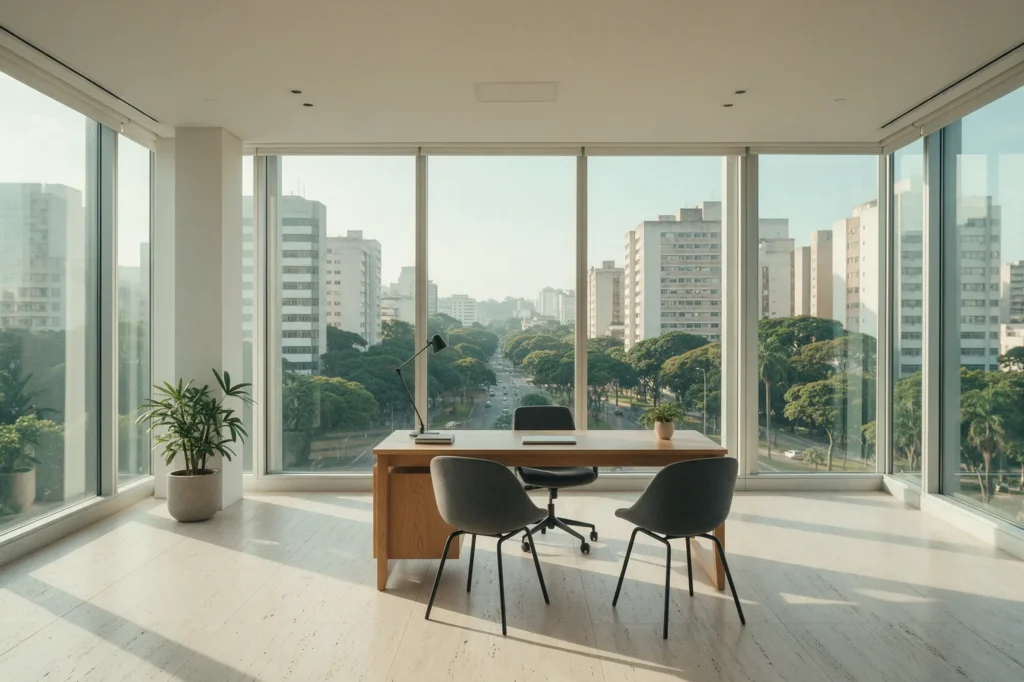 Sala empresarial clara com janelas amplas e vista para avenidas arborizadas