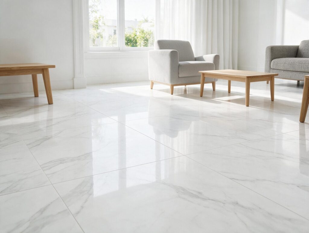 Sala clara com porcelanato branco tipo mármore Calacata de grande formato
