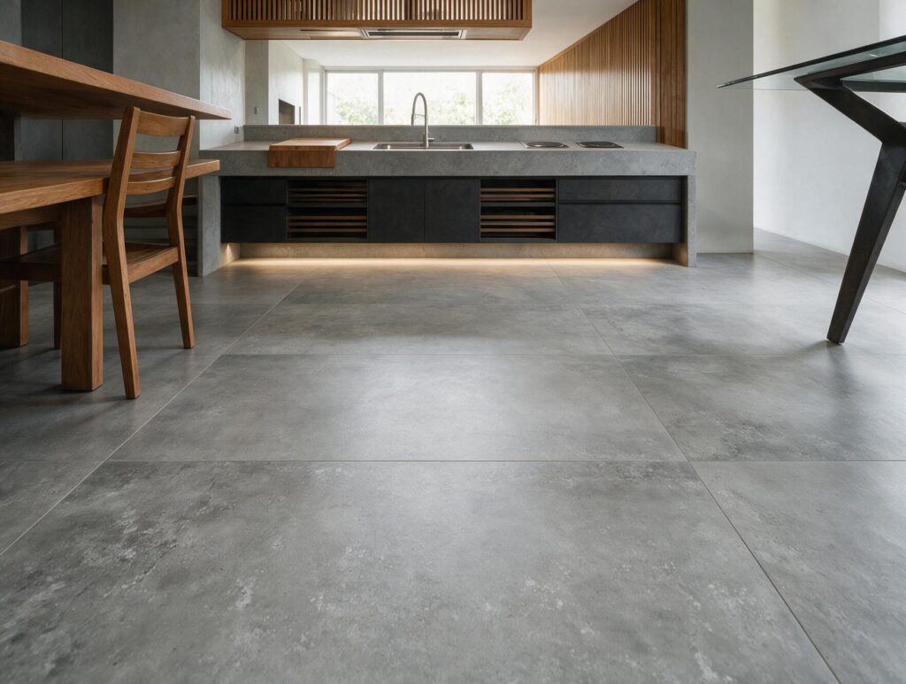 Cozinha integrada com porcelanato cinza acabamento cimento queimado