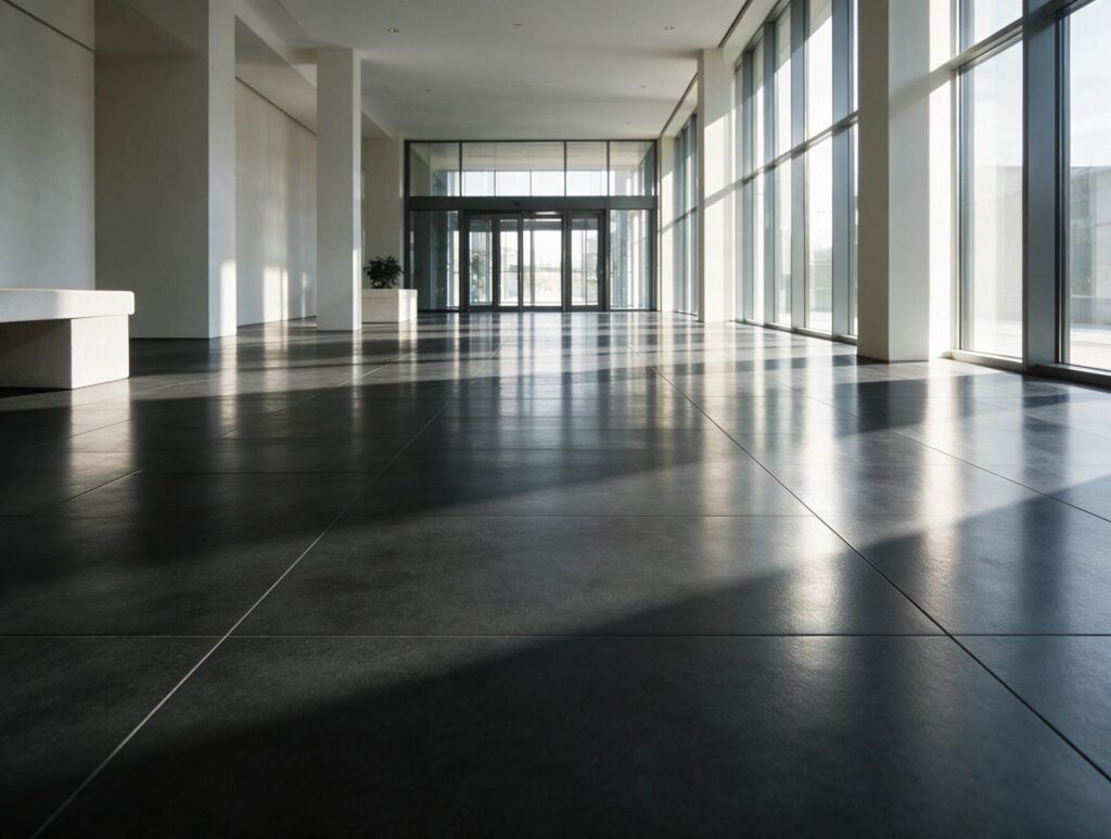 Hall comercial com porcelanato grafite de grande formato