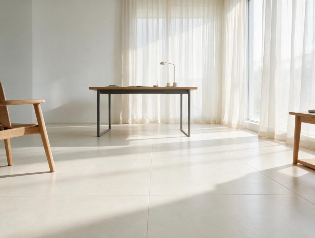 Escritório claro com porcelanato off white acetinado