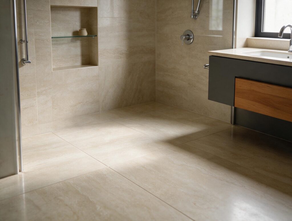 Banheiro revestido em porcelanato travertino tom areia