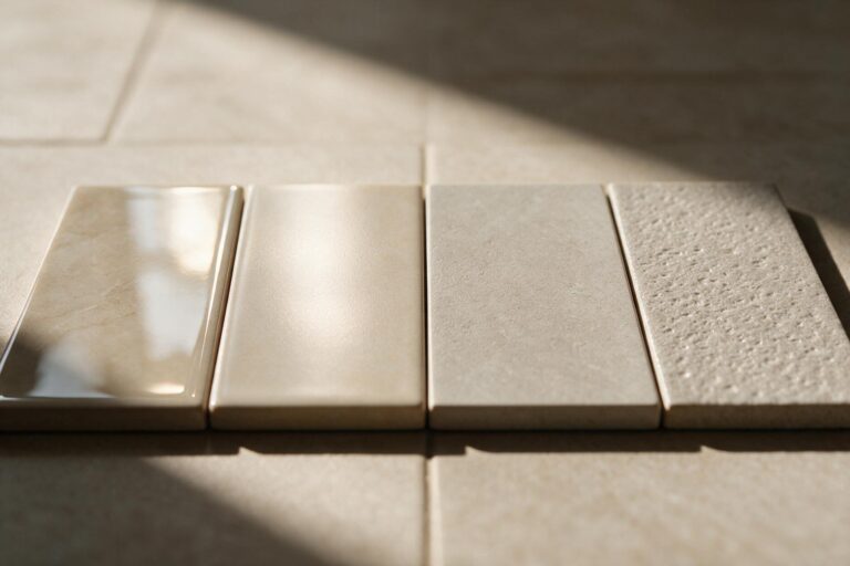 Quatro amostras de porcelanato lado a lado mostrando acabamento polido, acetinado, natural e texturizado