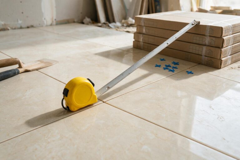 Trena esticada sobre piso de porcelanato bege ao lado de caixas fechadas e espaçadores