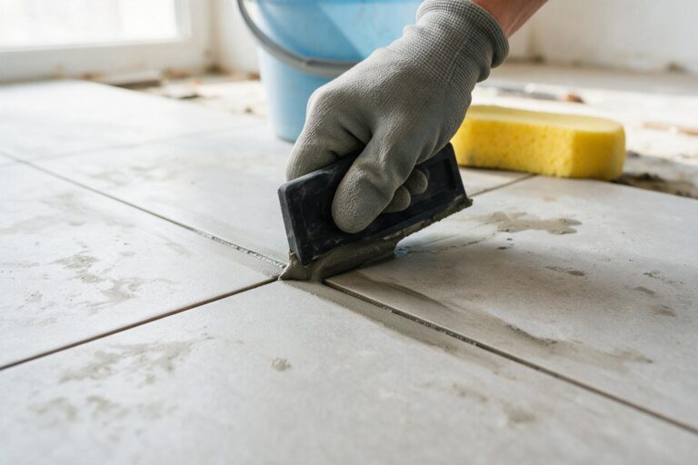 Mão com luva aplicando rejunte cinza entre placas de porcelanato com desempenadeira de borracha