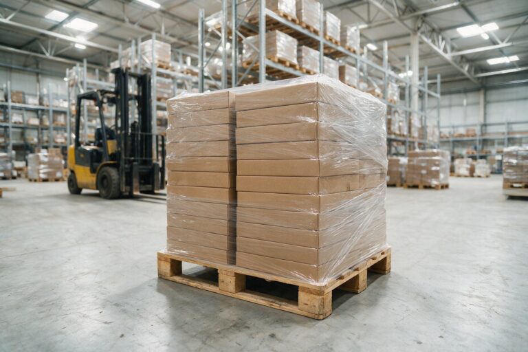 Pallet de caixas de porcelanato filmado em um galpão de distribuição