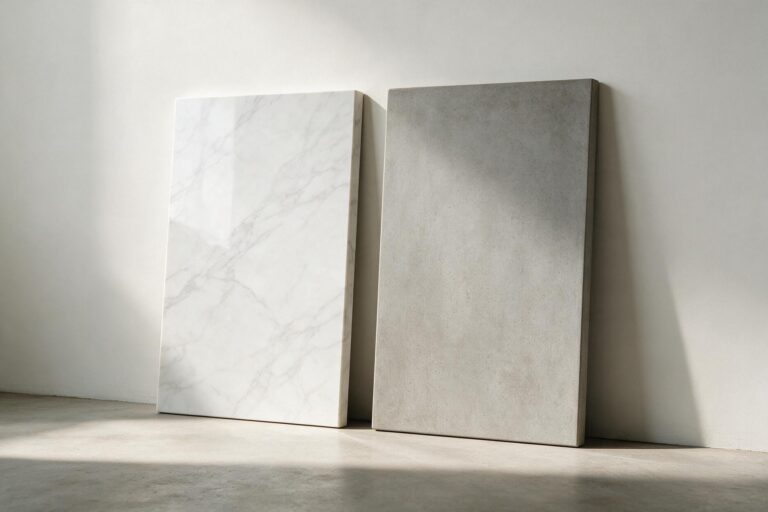 Duas placas de porcelanato encostadas na parede, uma branca tipo mármore e outra cinza cimento