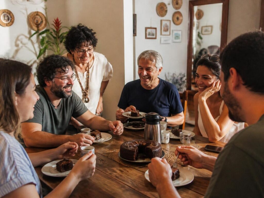 Amigos reunidos compartilhando bolo em volta da mesa
