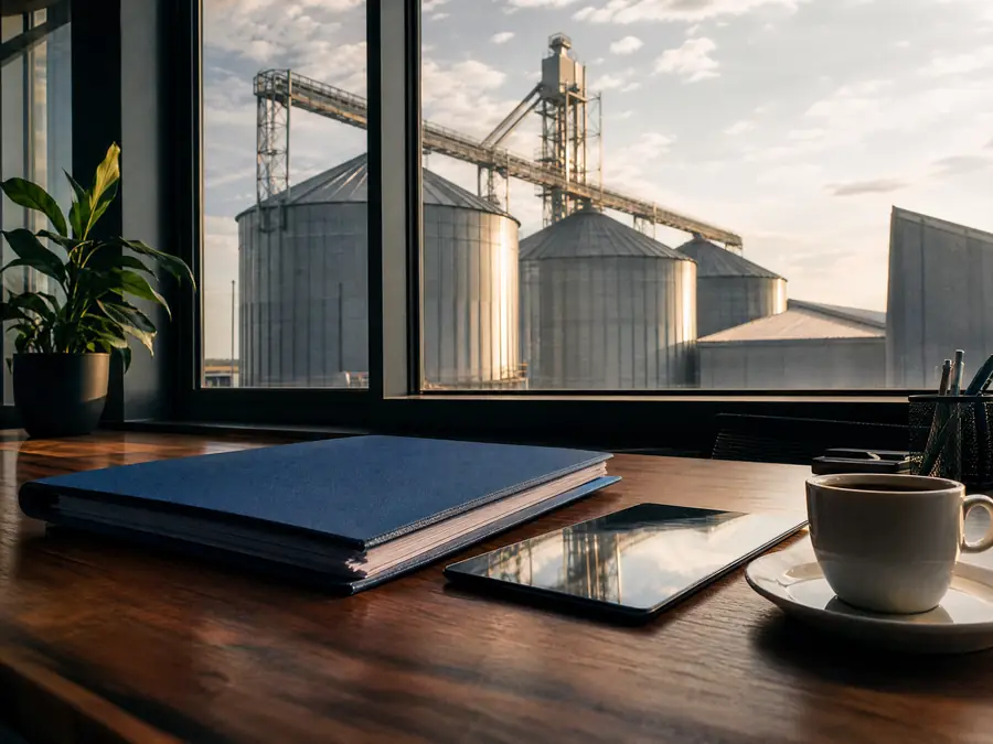 Mesa de escritório de uma agroindústria com pasta de documentos e silos de grãos vistos pela janela