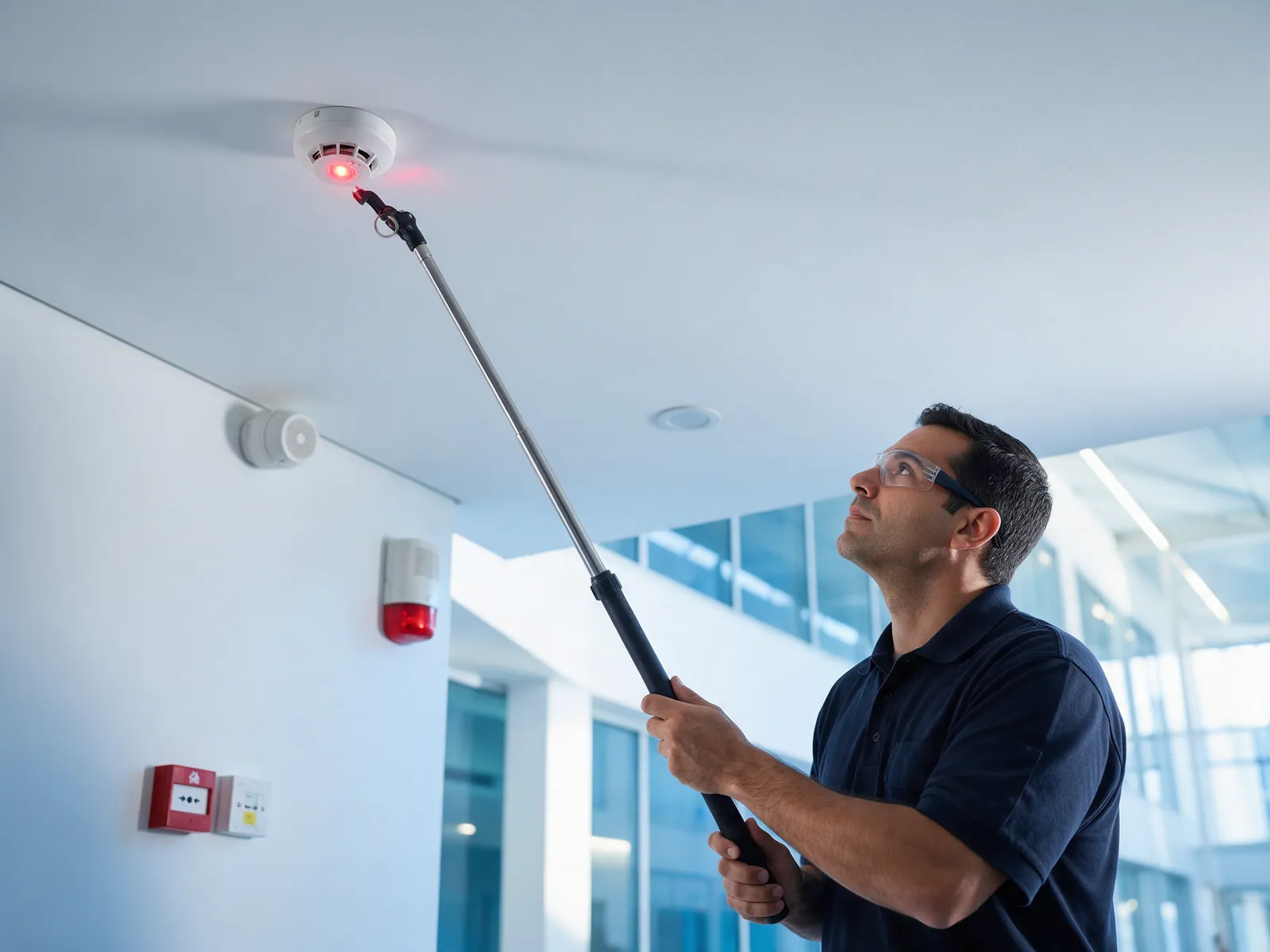 Técnico testando detector de fumaça no teto de um prédio comercial