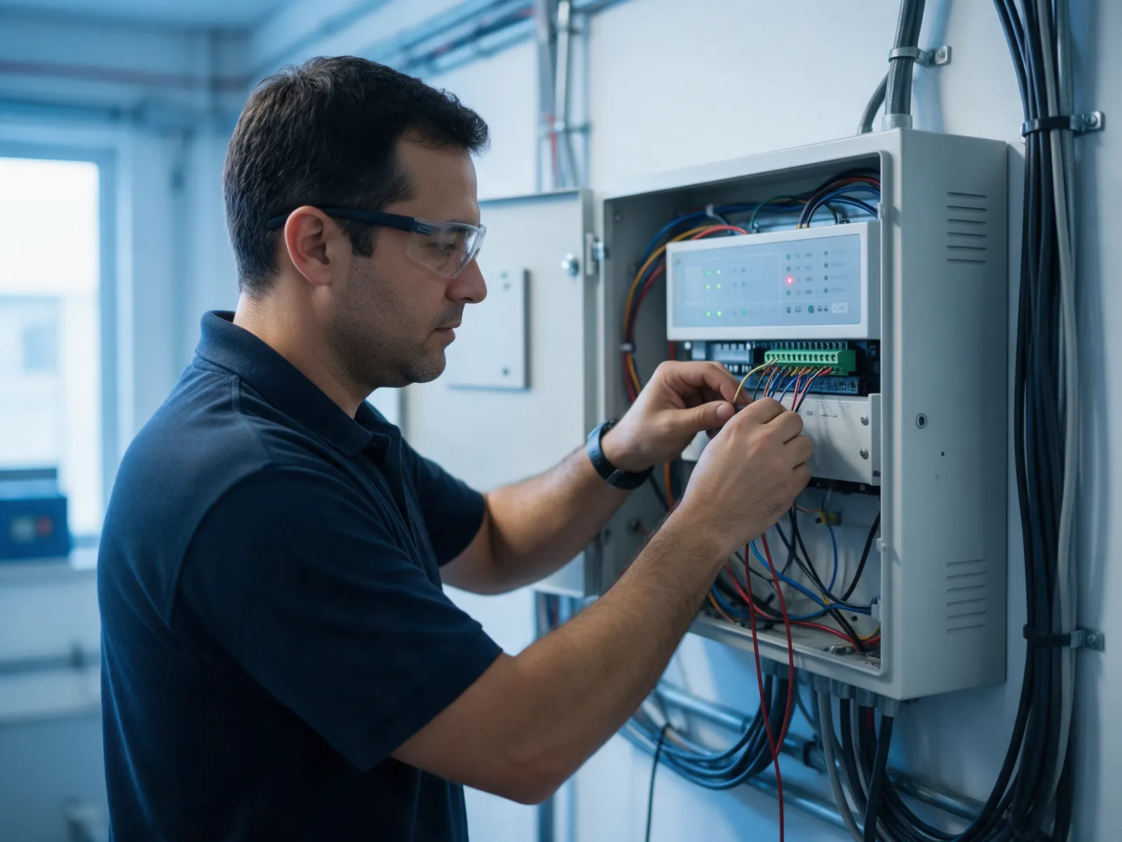 Técnico conectando os fios da central de alarme de incêndio