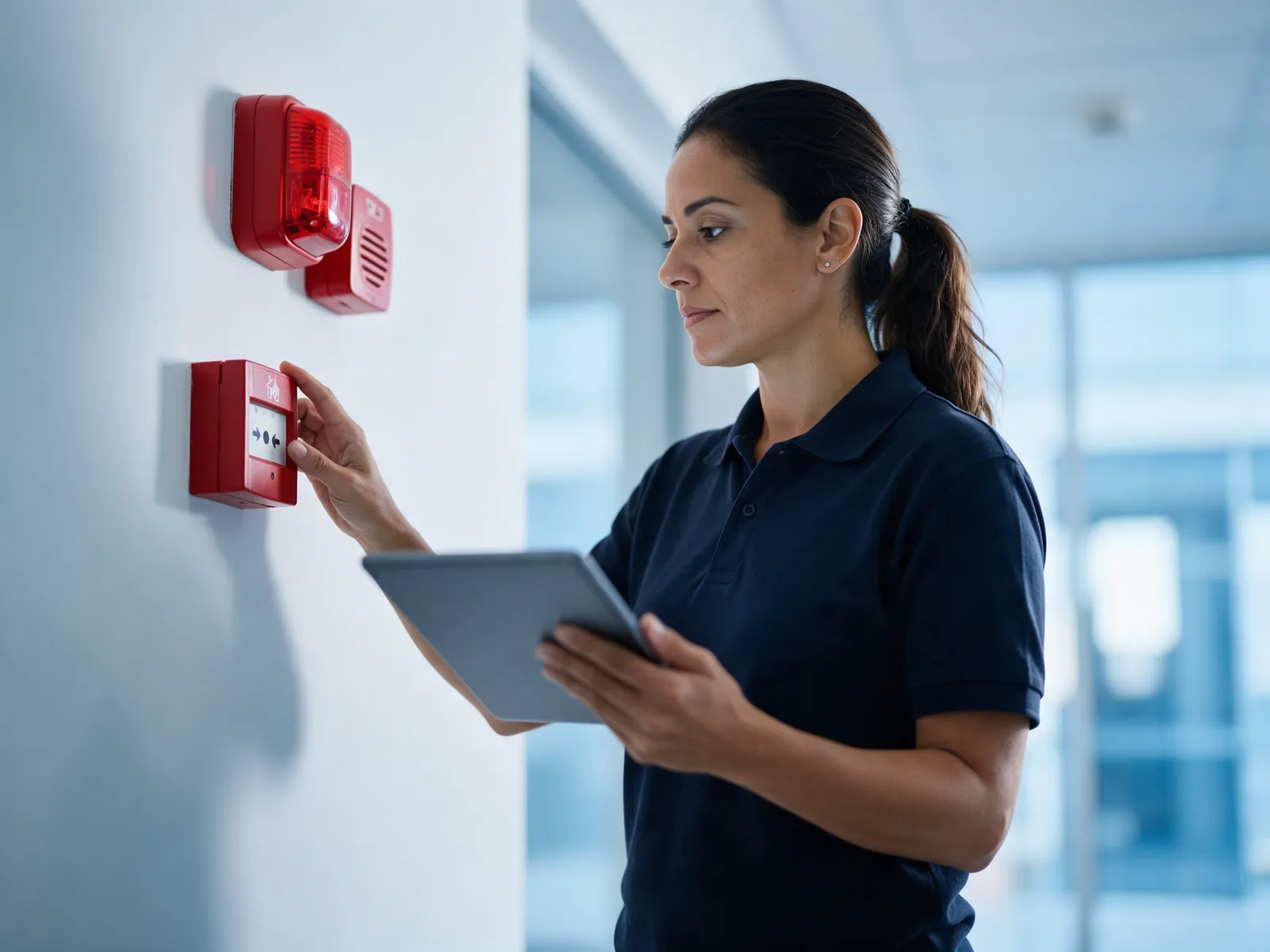 Técnica inspecionando acionador manual e sirene de incêndio com um tablet