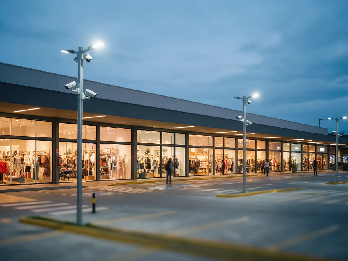 Centro comercial ao anoitecer com câmeras em postes no estacionamento