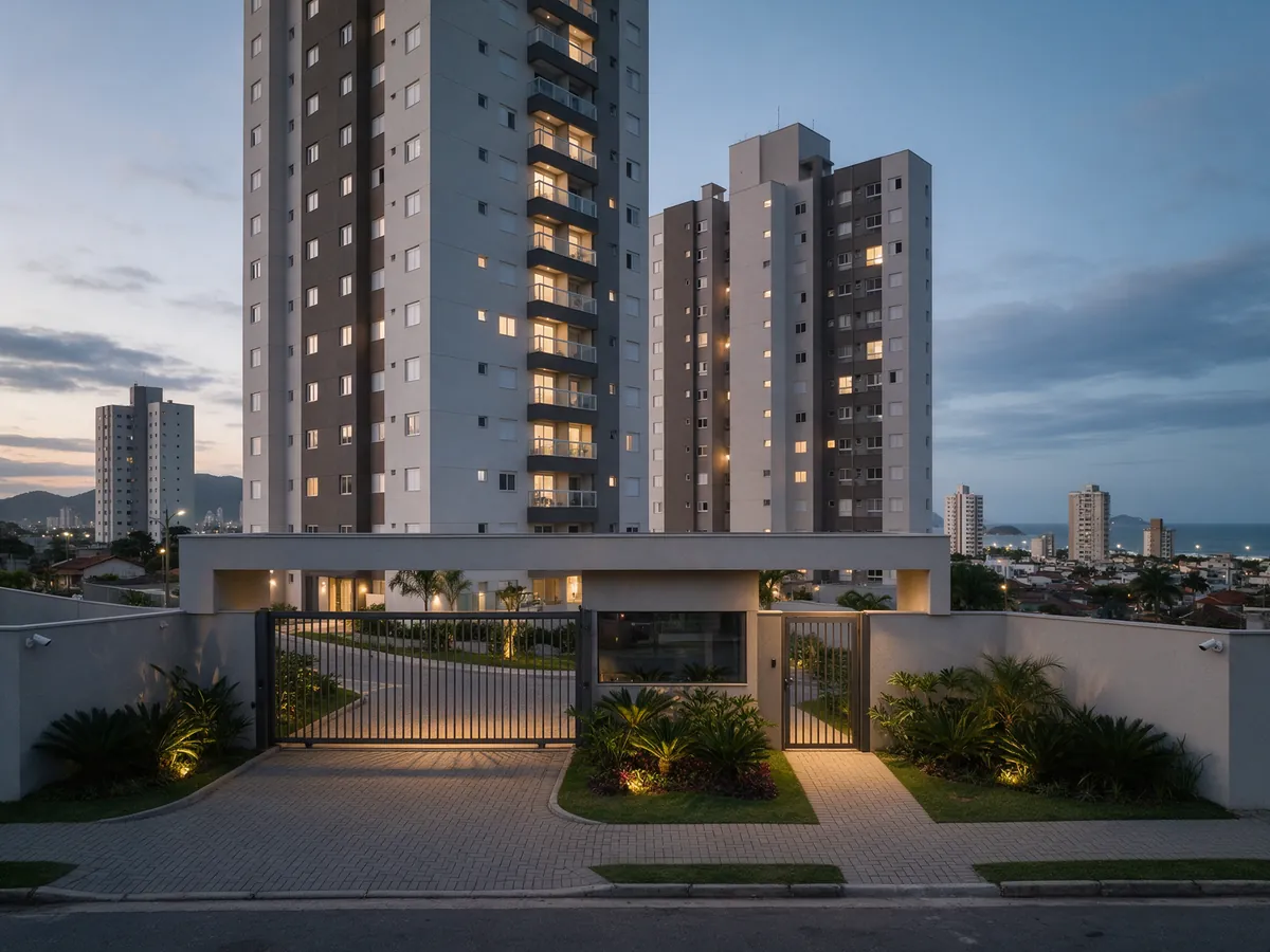 Condomínio residencial com portões de acesso e câmeras no muro ao entardecer
