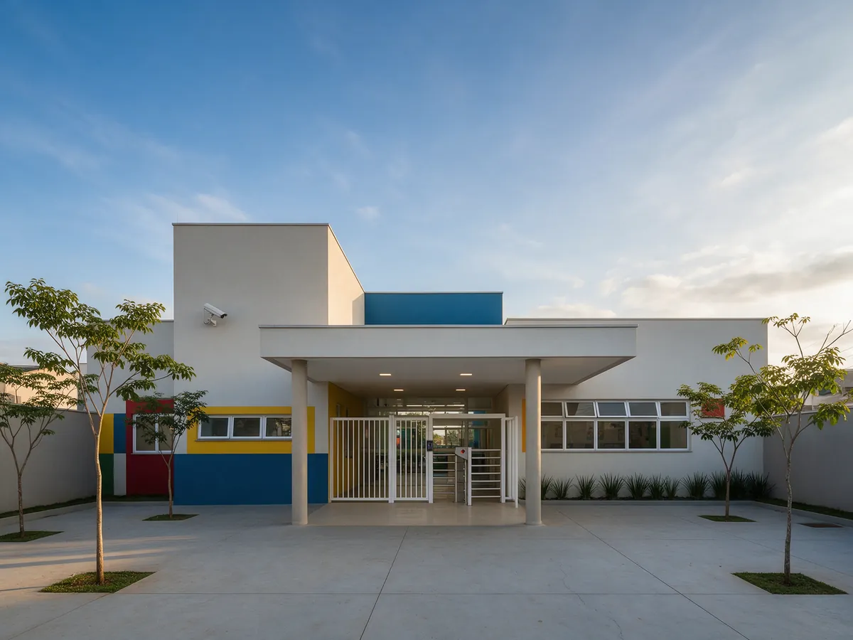 Entrada de escola com portão e catraca de controle de acesso