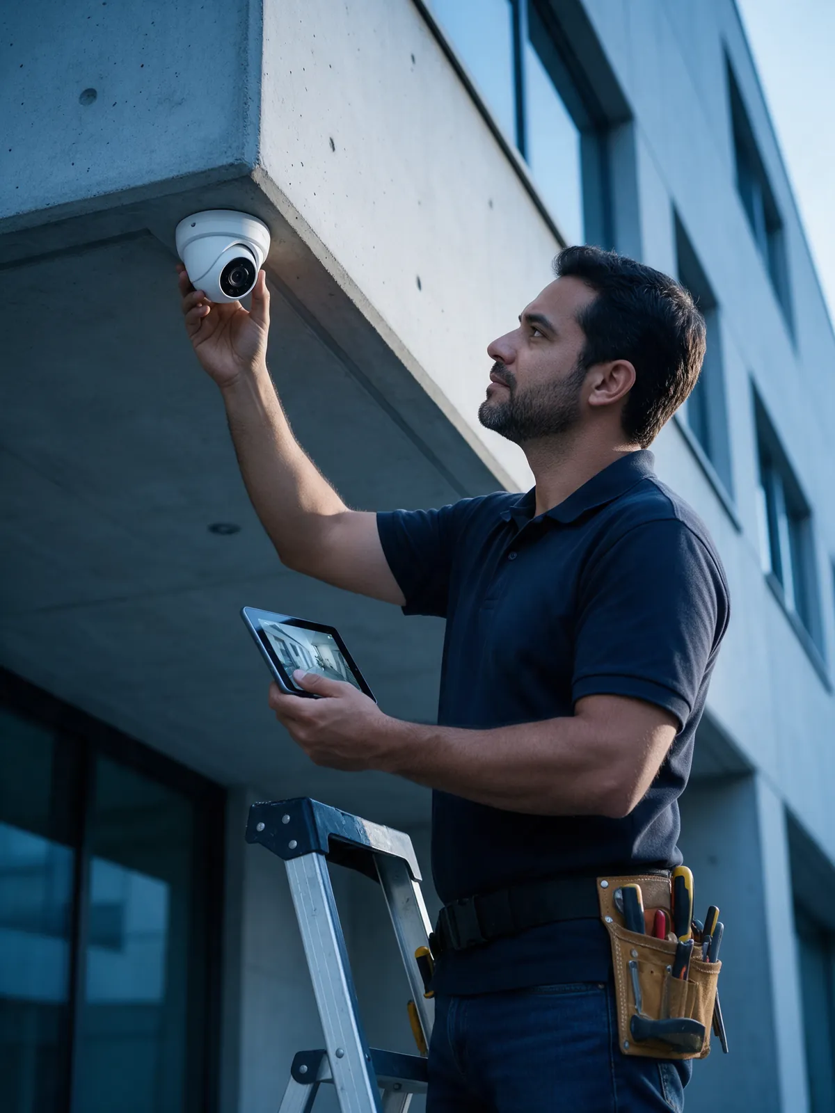 Técnico instalando e ajustando uma câmera dome na fachada de um prédio