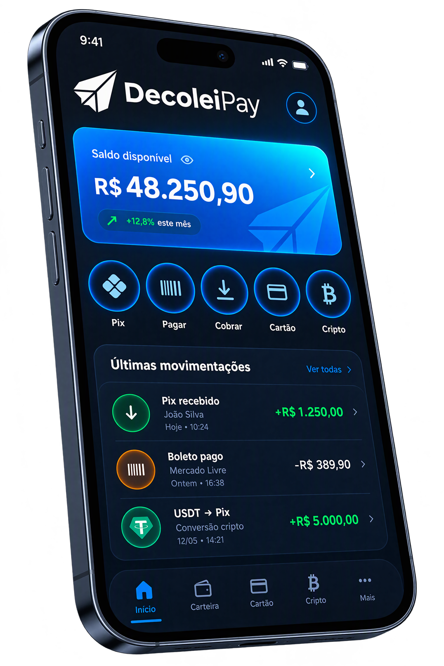 Aplicativo Decolei Pay no celular mostrando saldo, Pix e movimentações