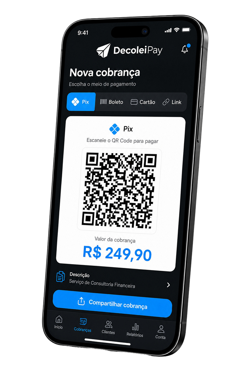 App Decolei Pay gerando cobrança Pix com QR Code