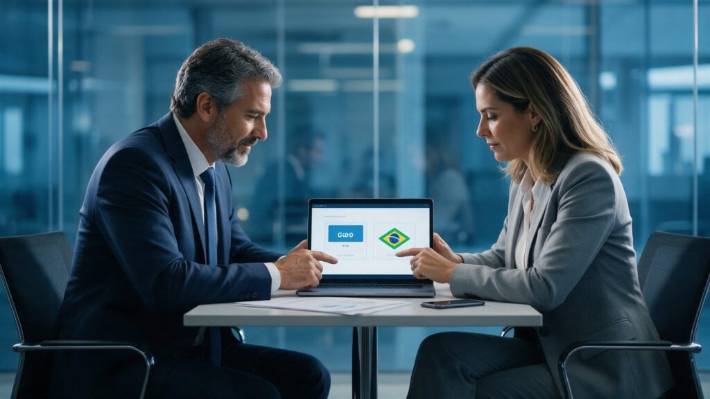 Empresários comparando opções de conta digital em um notebook